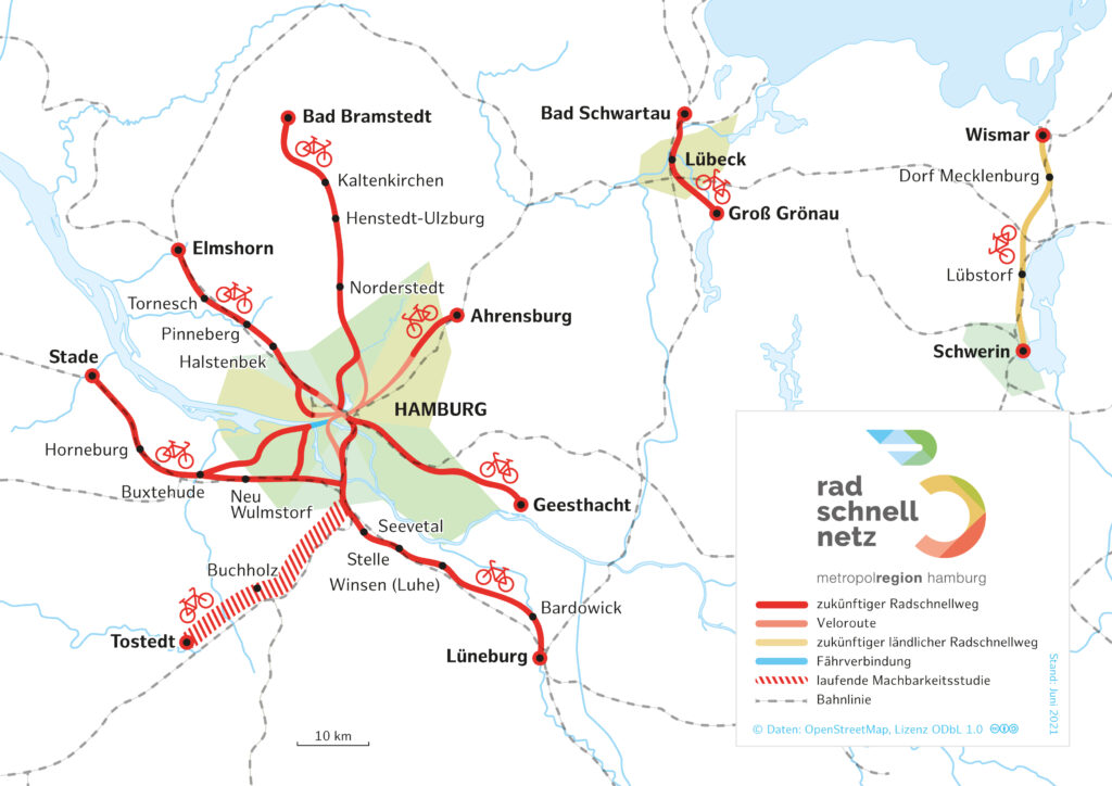 Karte der in Machbarkeitsstudien geplanten Radschnellwege in der Metropolregion Hamburg.