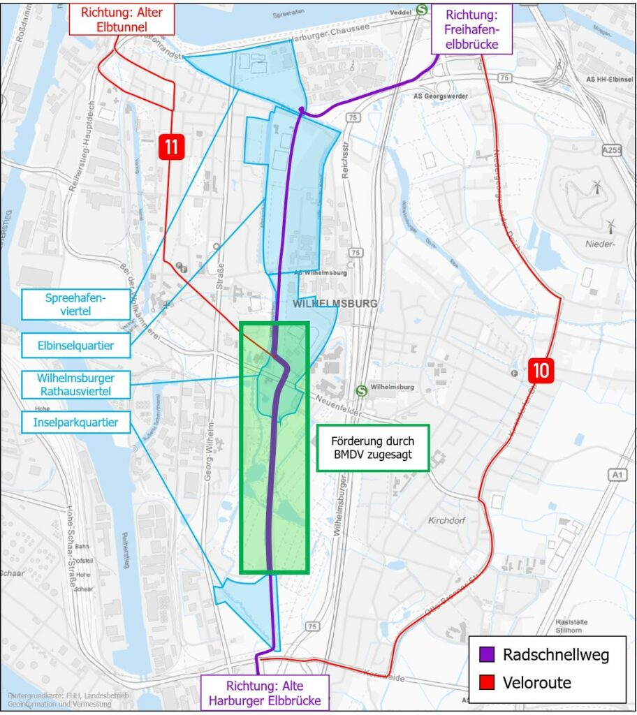 Markierter Abschnitt im Radschnellweg durch Wilhelmsburg, der durch das Bundesministerium für Digitales und Verkehr gefördert wird.