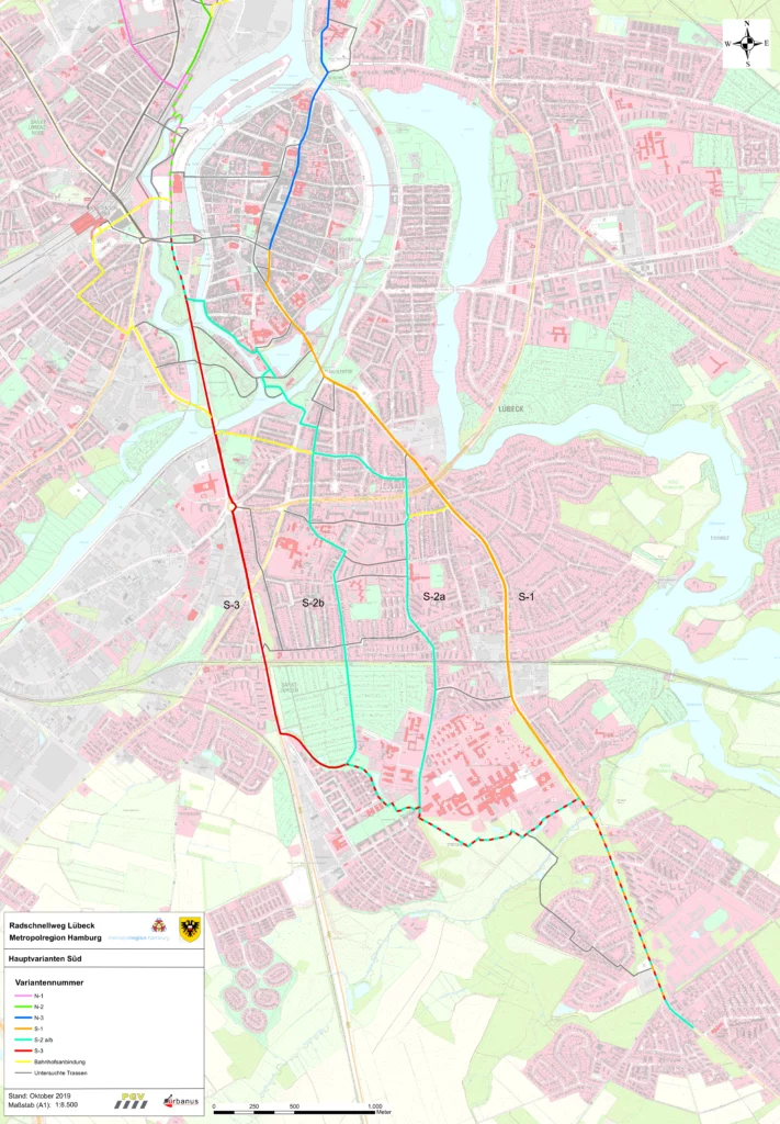 Karte der möglichen Radschnellweg-Routen im Lübecker Südkorridor von Lübeck-Innenstadt nach Groß Grönau.